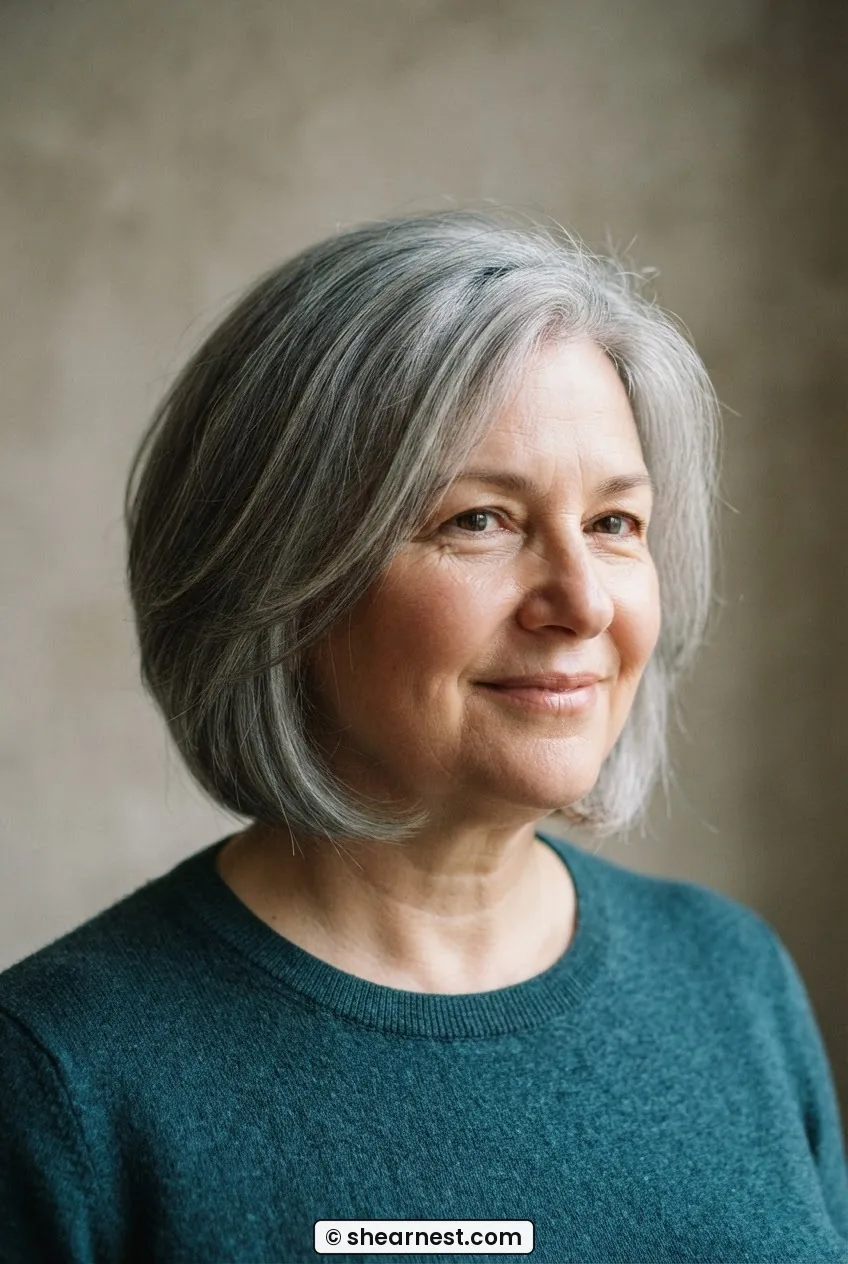 52-year-old woman with round face and thick layered grey hair cut flat at sides perimeter below jaw