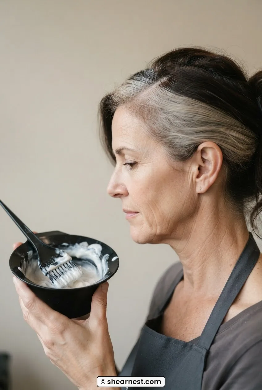 Small mixing bowl held at shoulder height with thick lightener and a loaded tint brush ready for application