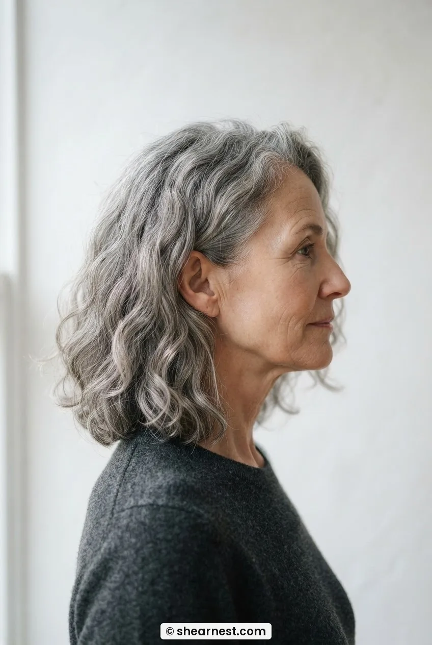 Side profile of woman over sixty with wavy grey lob showing hair perimeter just above collarbone
