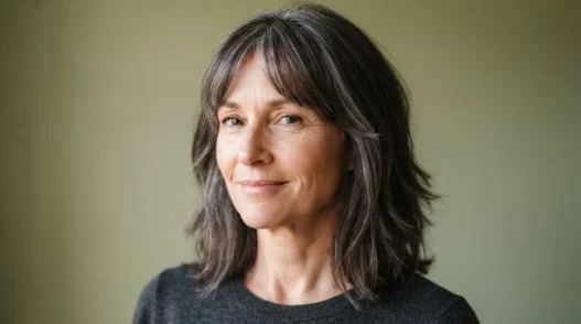 Woman in her early fifties with a mid-length lob and feathered side-swept bangs blending into layers against a sage backdrop