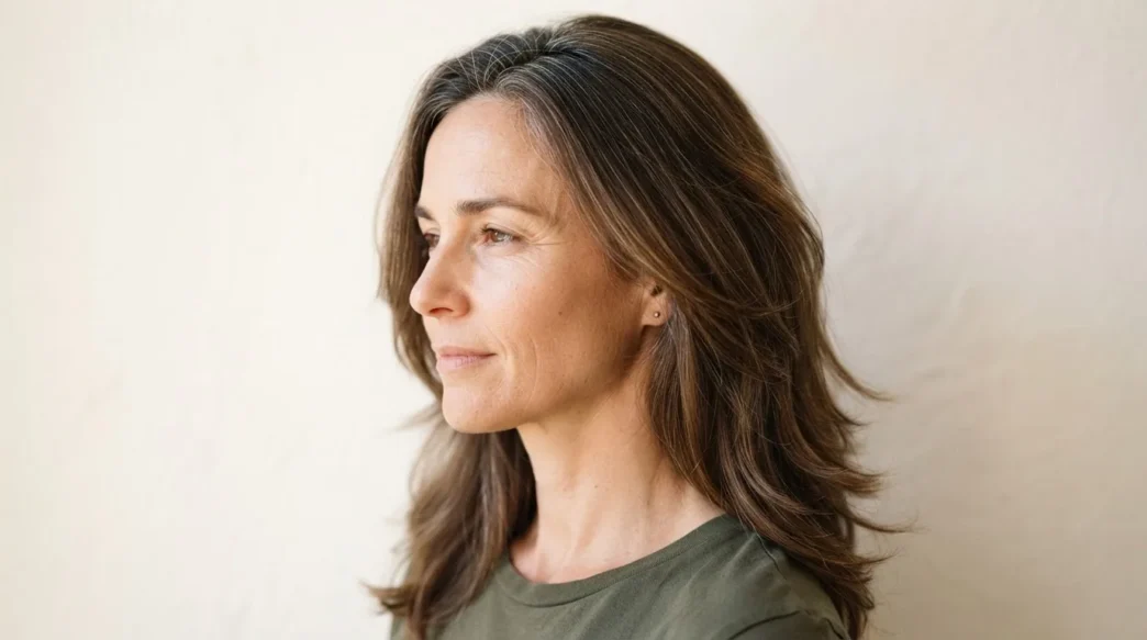 Side view of a 44-year-old woman with long layered brown hair showing first greys at the parting against a warm white backdrop