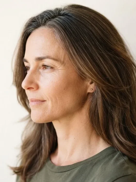 Side view of a 44-year-old woman with long layered brown hair showing first greys at the parting against a warm white backdrop