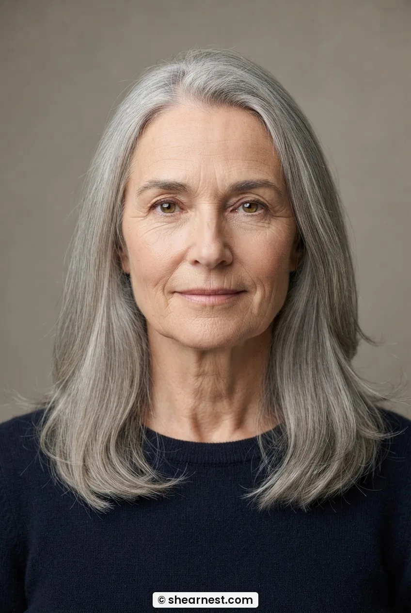 Front view close up of woman with long gray hair showing soft transparent ends and perimeter detail