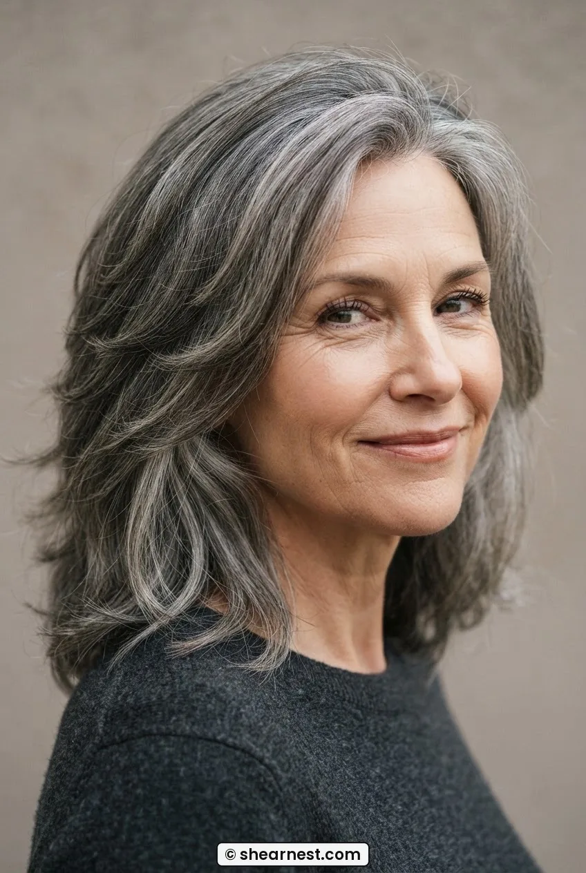Three quarter view of woman with thick greying long layers showing weight removed underneath in soft light
