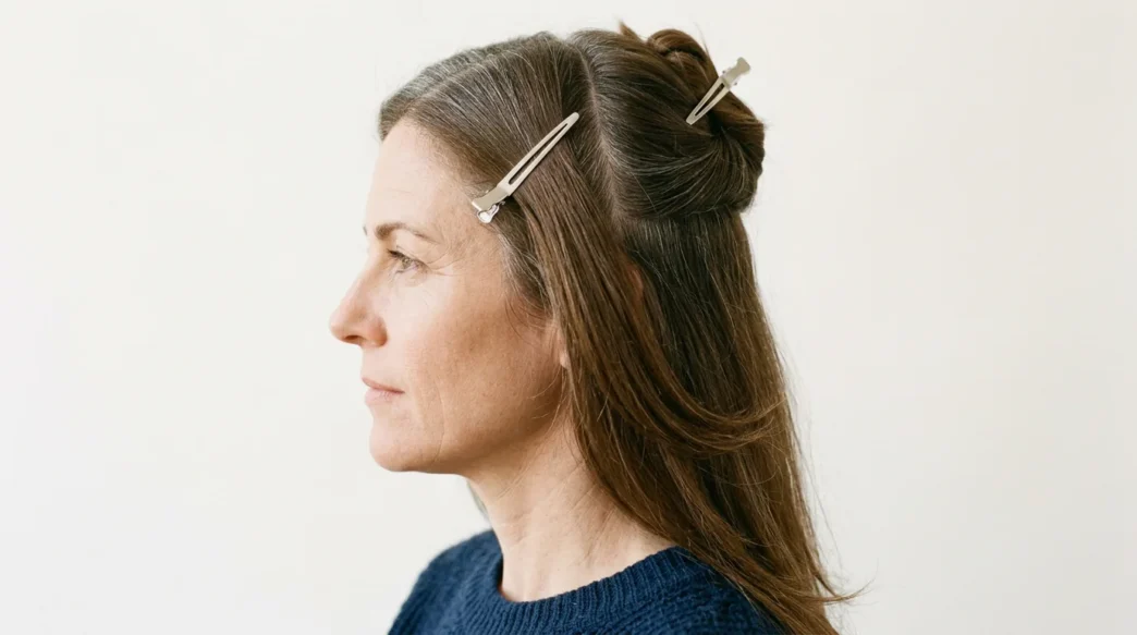 Woman with long brown hair sectioned into four quadrants with clips holding upper sections away from lower back panel