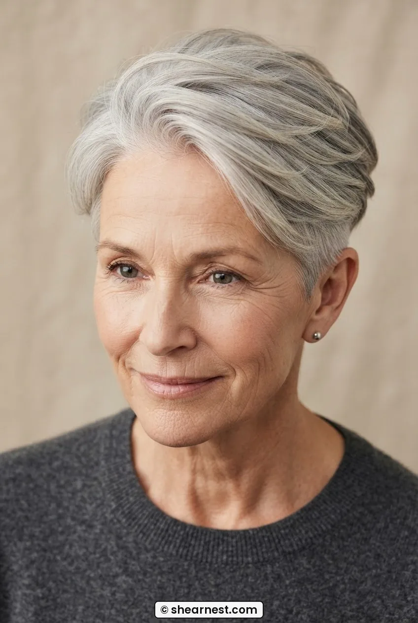 Fine silver hair in a long pixie cut with longer top section and soft layers, close nape, photographed from above