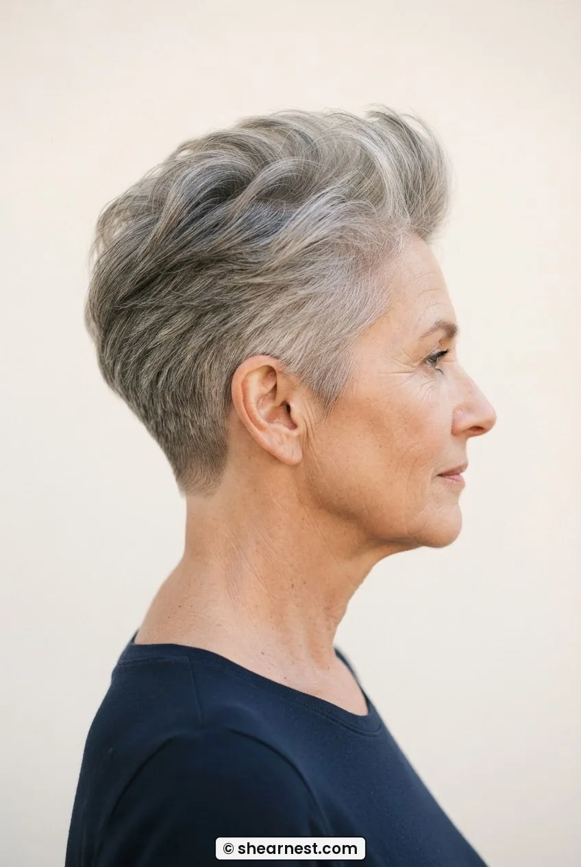 Side view of woman with fine ash grey hair in a long pixie cut with upward-styled crown and smooth tapered nape