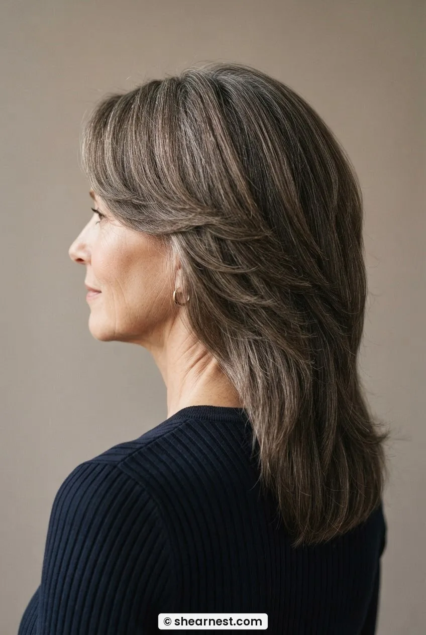 Woman with thick grey-brown hair in a long rounded layer, crown fuller and sides without outward width, overhead light