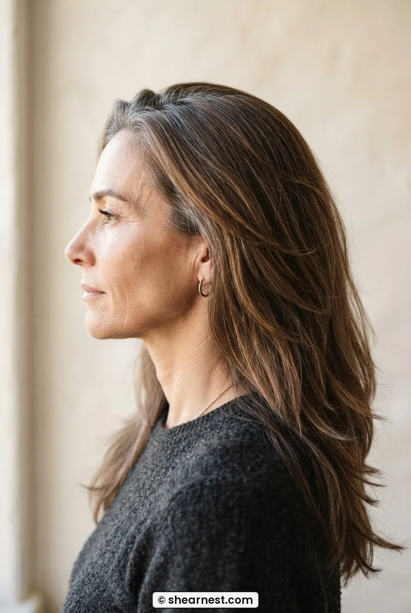 Side profile of a 44-year-old woman with long layered brown hair worn loose, grey strands threading through near the root