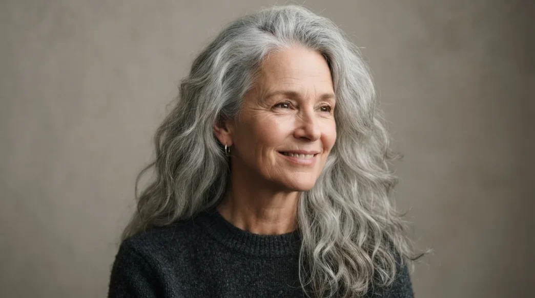 Older woman with long thick silver hair worn loose past the collarbone against a taupe backdrop in soft light