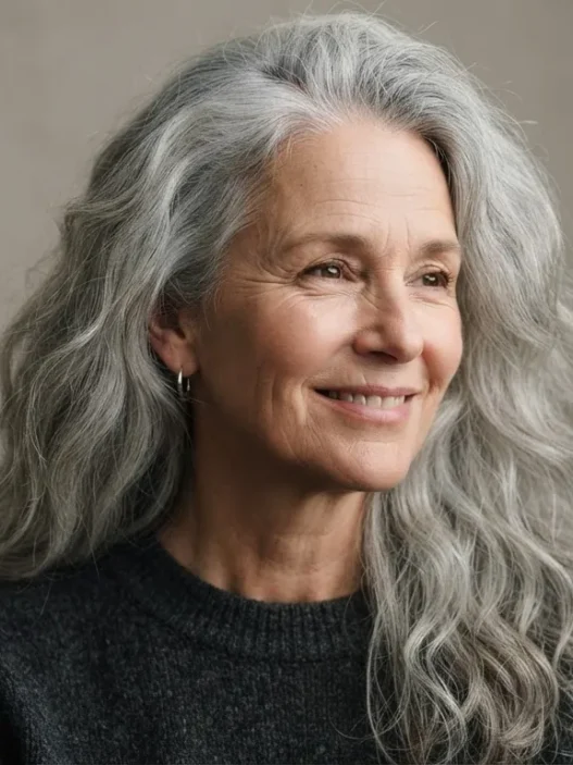 Older woman with long thick silver hair worn loose past the collarbone against a taupe backdrop in soft light