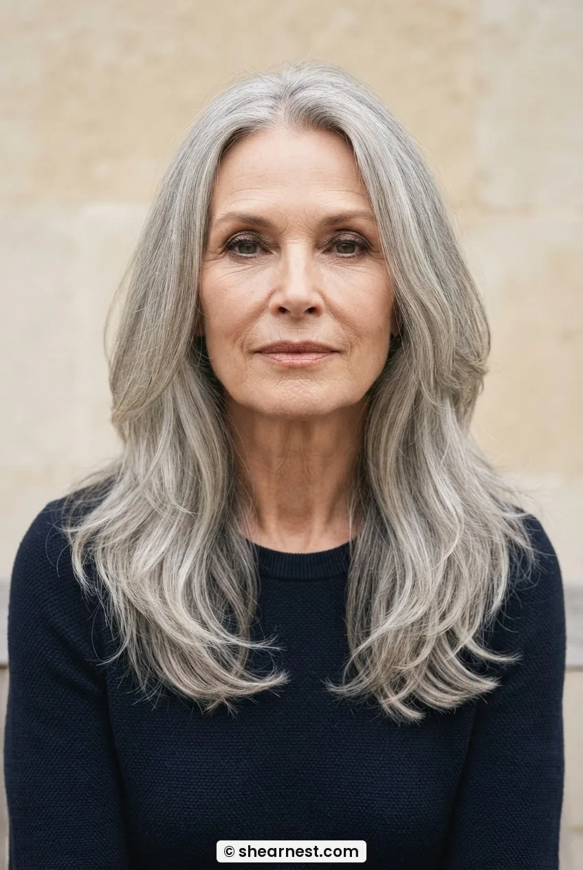 Older woman with long silver layered hair falling past the collarbone, spaced layers with a clean full perimeter, front-facing