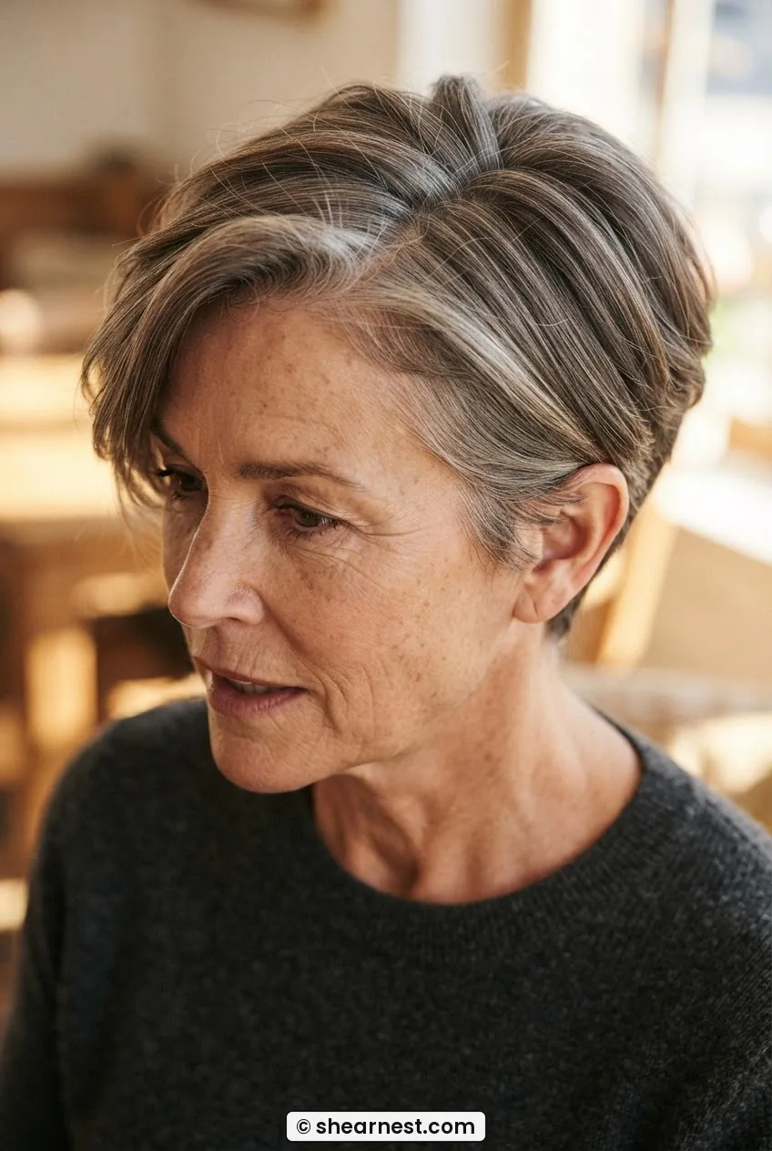 55-year-old woman with a long-top short-side pixie shag in ash-brown greying hair showing contrast between crown length and close sides