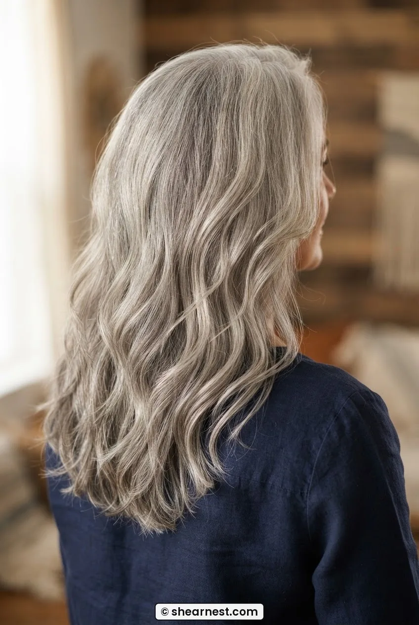 Full rear three-quarter view of a sixty-one-year-old woman with long wavy silver hair falling to mid-back with visible face-framing layers