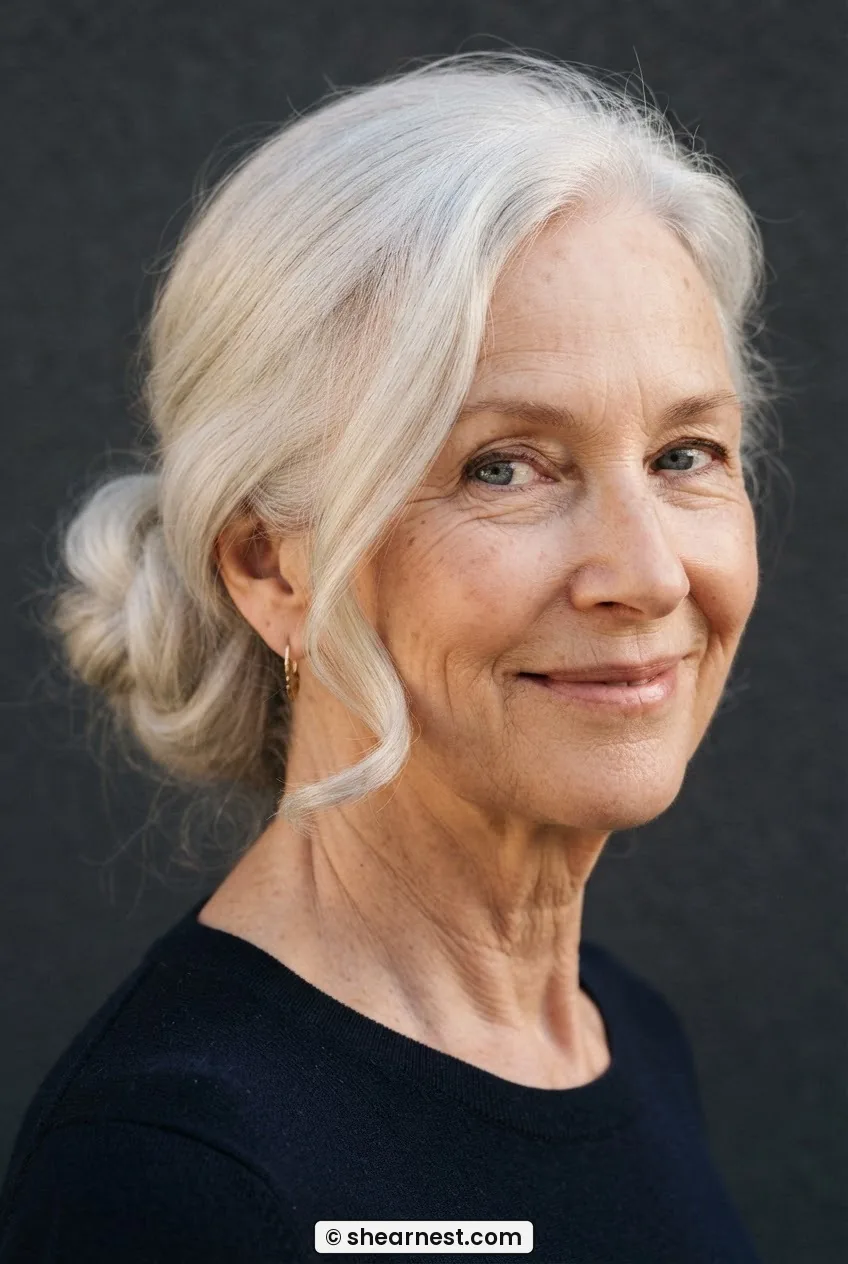 Front three-quarter view of older woman with soft white hair in a loose gathered low bun with a curved face-framing wisp