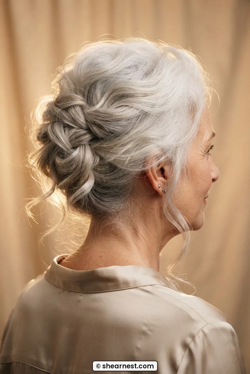 Rear three quarter view of woman with long silver hair in a loose layered romantic updo with soft peeking ends