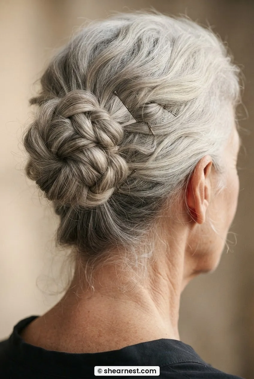 Rear close view of 61-year-old woman with silver hair in loose textured mid-crown knot, pins visible, champagne studio light