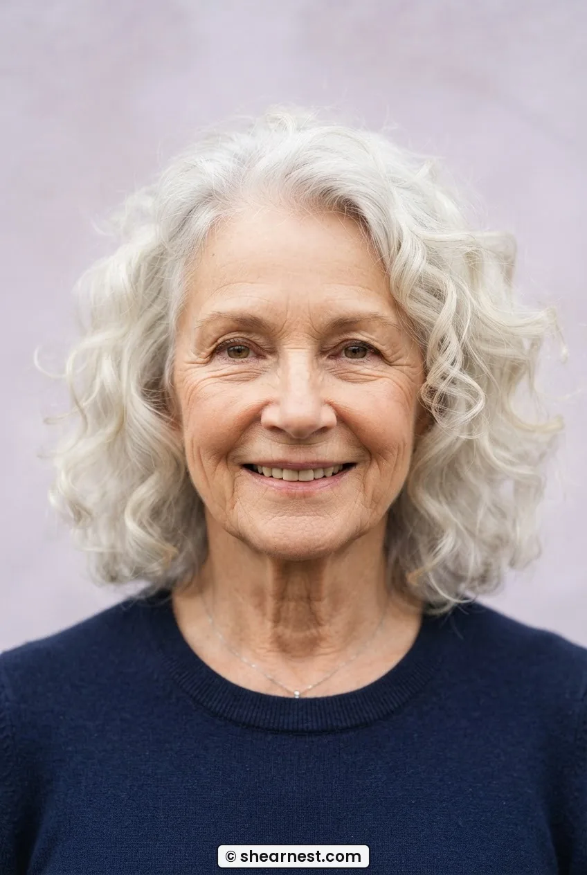 Front-facing portrait of older woman with loose white curls and open wave pattern in studio light
