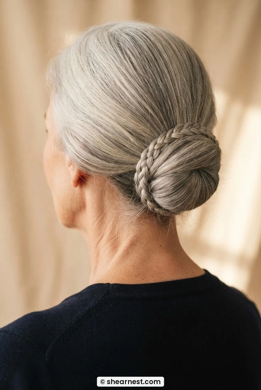 Rear view of older woman with silver hair in a low chignon held in place by a thin braided wrap at the base