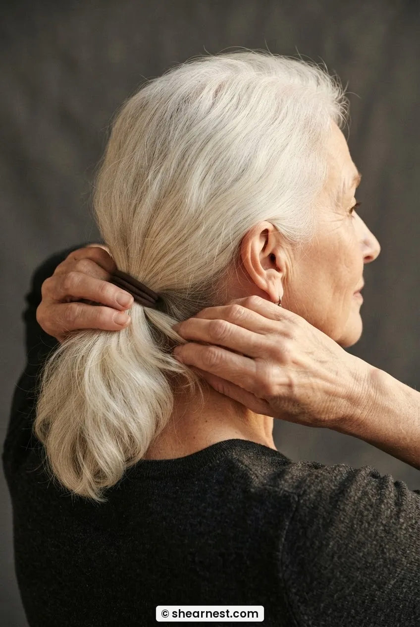 Rear three-quarter view of low white hair ponytail secured with fabric elastic at nape level, hands smoothing final strands