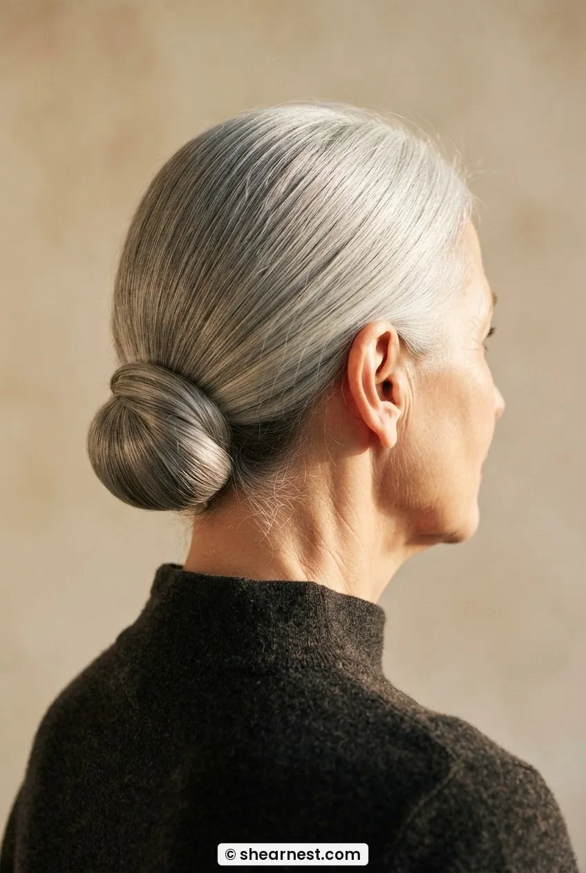 Three quarter rear view of silver-haired woman with hair swept to one side in a low contained roll below the ear