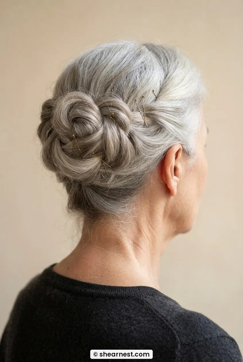 Rear three-quarter view of older woman with silver hair in low-tension pinned crown updo, sections interlocked without elastic