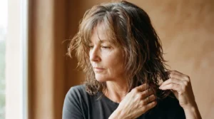 55-year-old woman with damp greying auburn hair examining shoulder-length perimeter weight before cutting shag layers