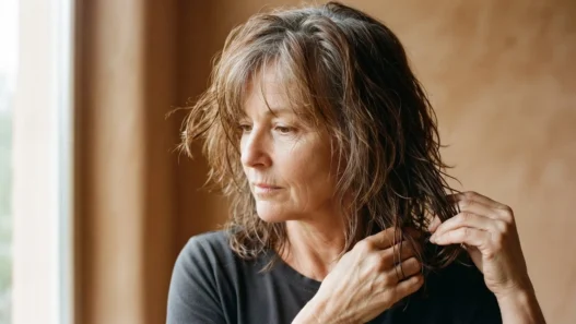 55-year-old woman with damp greying auburn hair examining shoulder-length perimeter weight before cutting shag layers