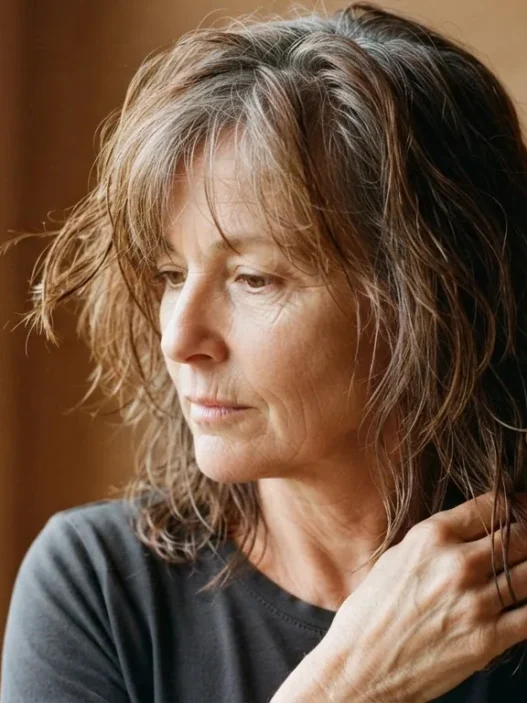 55-year-old woman with damp greying auburn hair examining shoulder-length perimeter weight before cutting shag layers