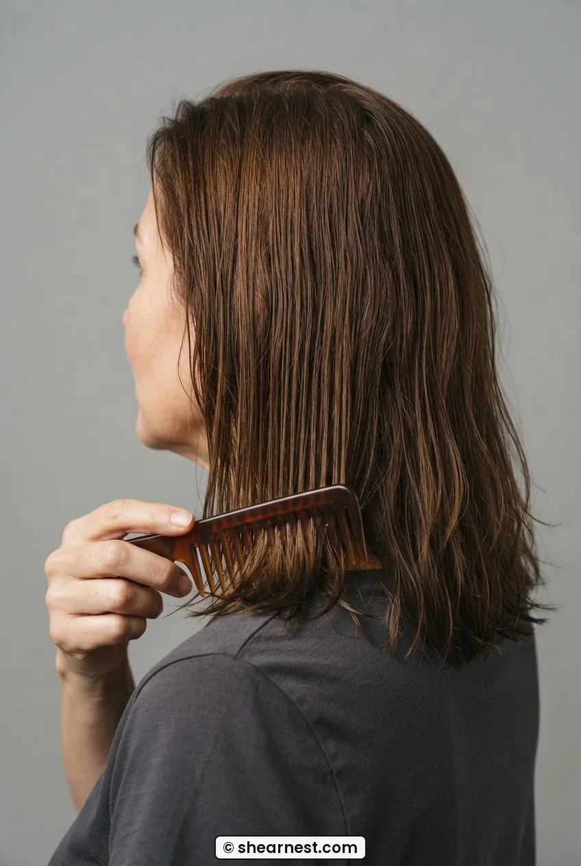 Three-quarter rear view of a woman with shoulder-length brown hair showing even warm mid-length tone with wide-tooth comb in hand