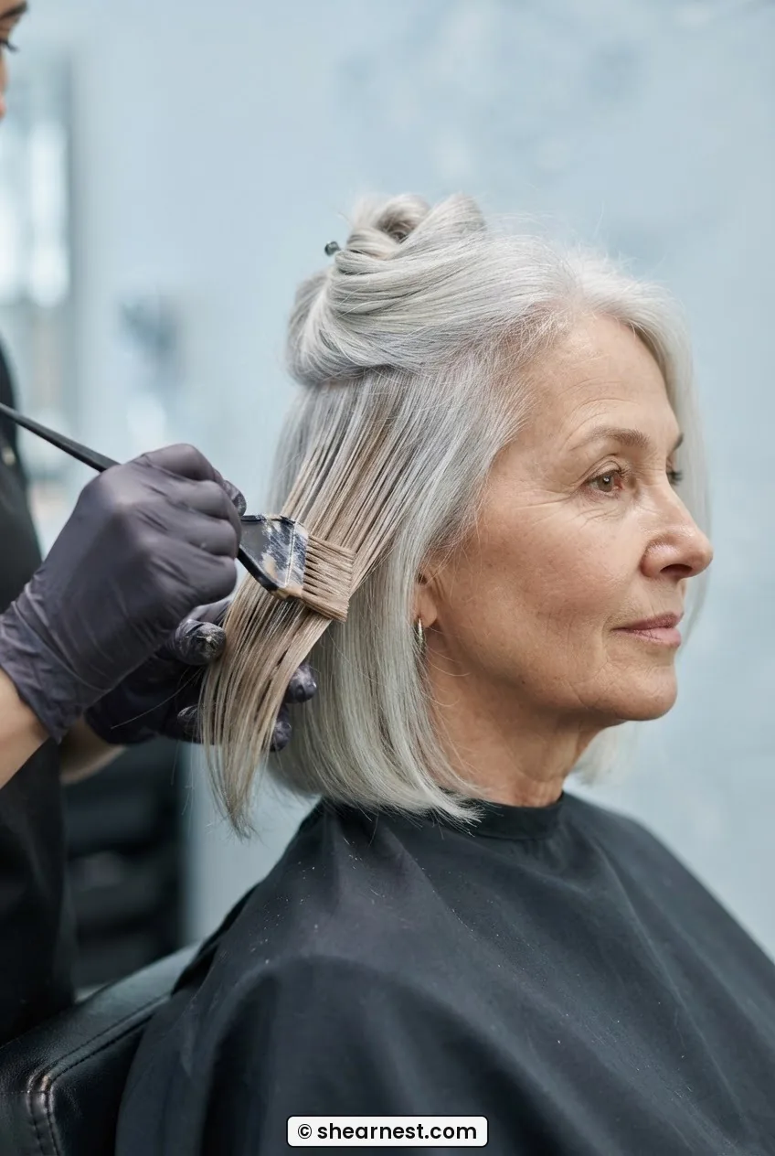 Gloved hand sweeping a tint brush loosely through mid-length silver hair strands in a long downward stroke