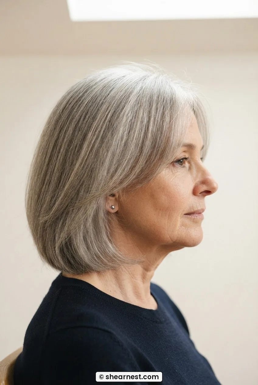 Side profile of woman with fine ash grey mid-length hair with soft face-framing pieces falling forward from temples