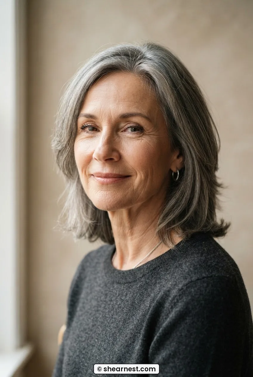 Woman in her fifties with grey layered cut sitting just below the jaw, weight line clearly visible, soft window light
