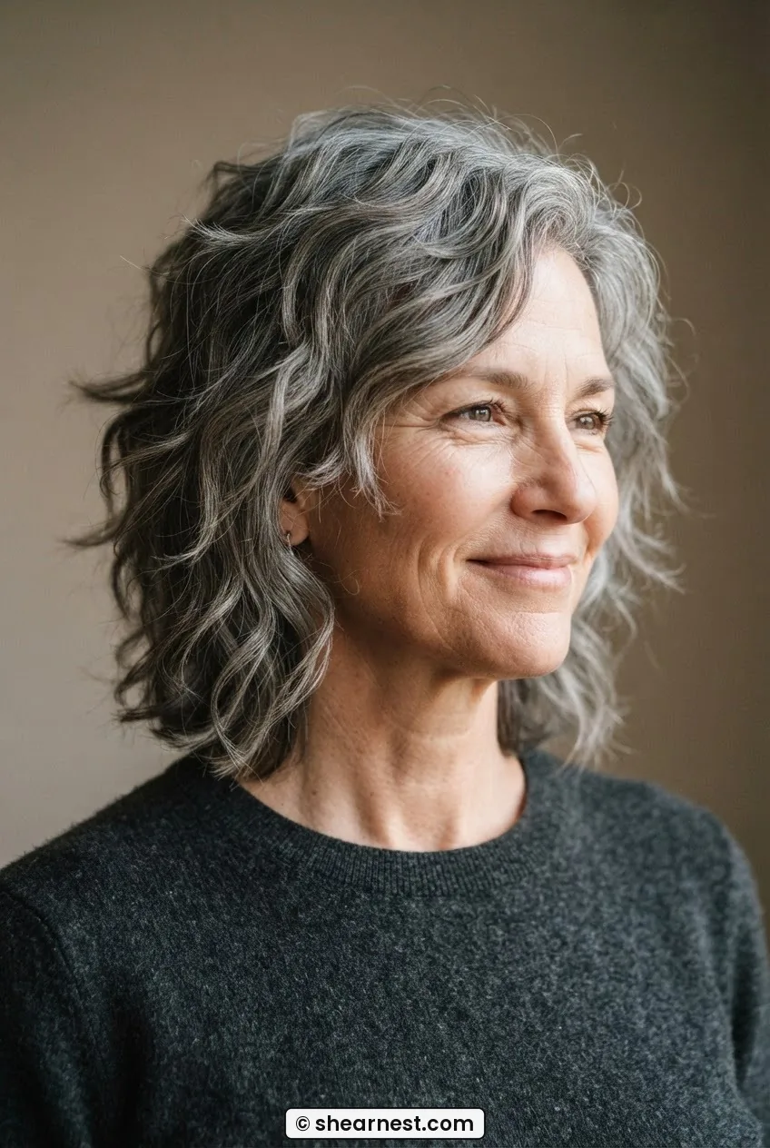 Woman with thick wavy greying hair in a modern shag, razored shattered ends and active wave texture through every layer