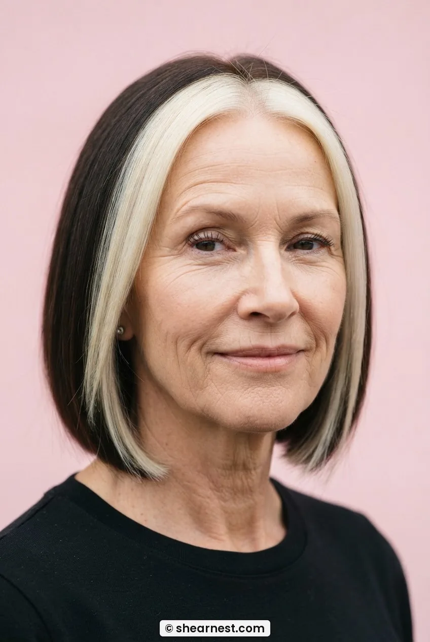 Woman with sleek chin-length bob showing bold bright blonde money-piece panels framing the face against a darker back section