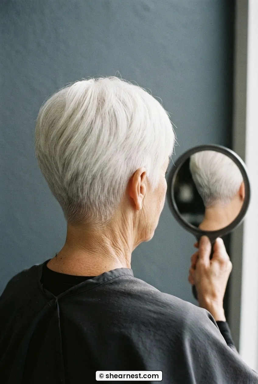 Back view of a short white pixie cut showing a tapered nape with clear graduation visible under side lighting