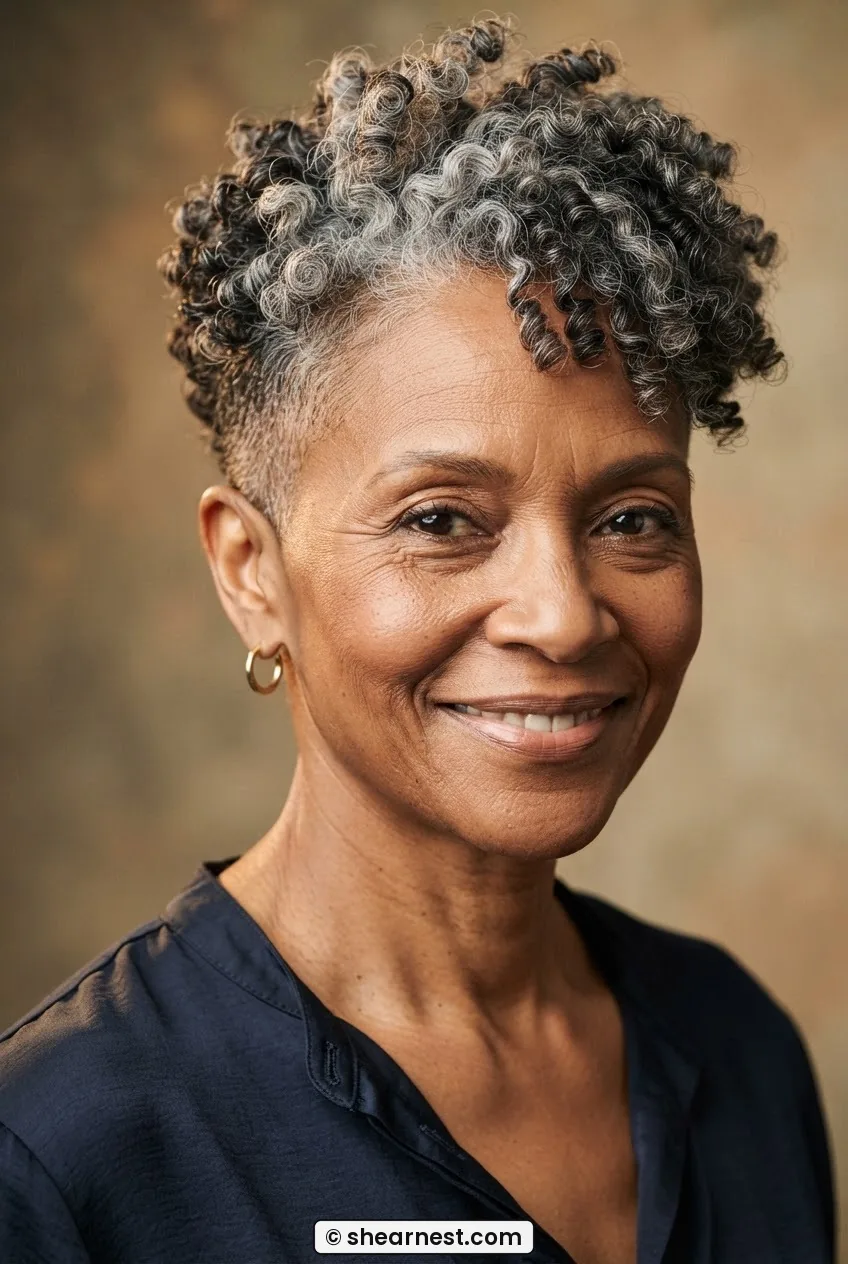 Close portrait of a Black woman aged 55 with a natural coil close-crop shag showing silver and black coil patterning on top