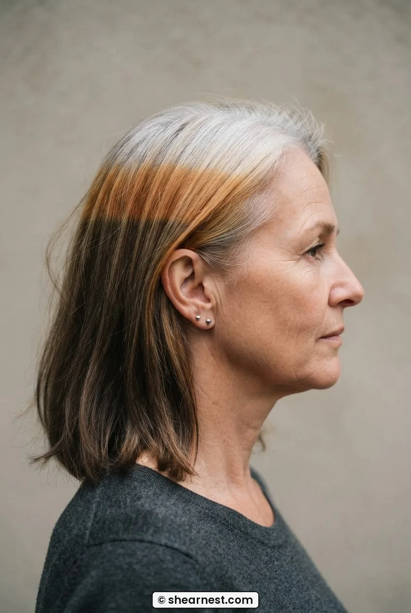 Side profile showing visible orange banding stripe one inch below silver roots contrasted against dark brown lengths, a common blending mistake