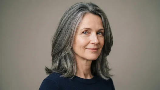52-year-old woman with greying mid-length oval face haircut showing vertical silhouette against neutral backdrop