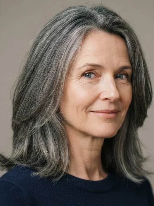 52-year-old woman with greying mid-length oval face haircut showing vertical silhouette against neutral backdrop