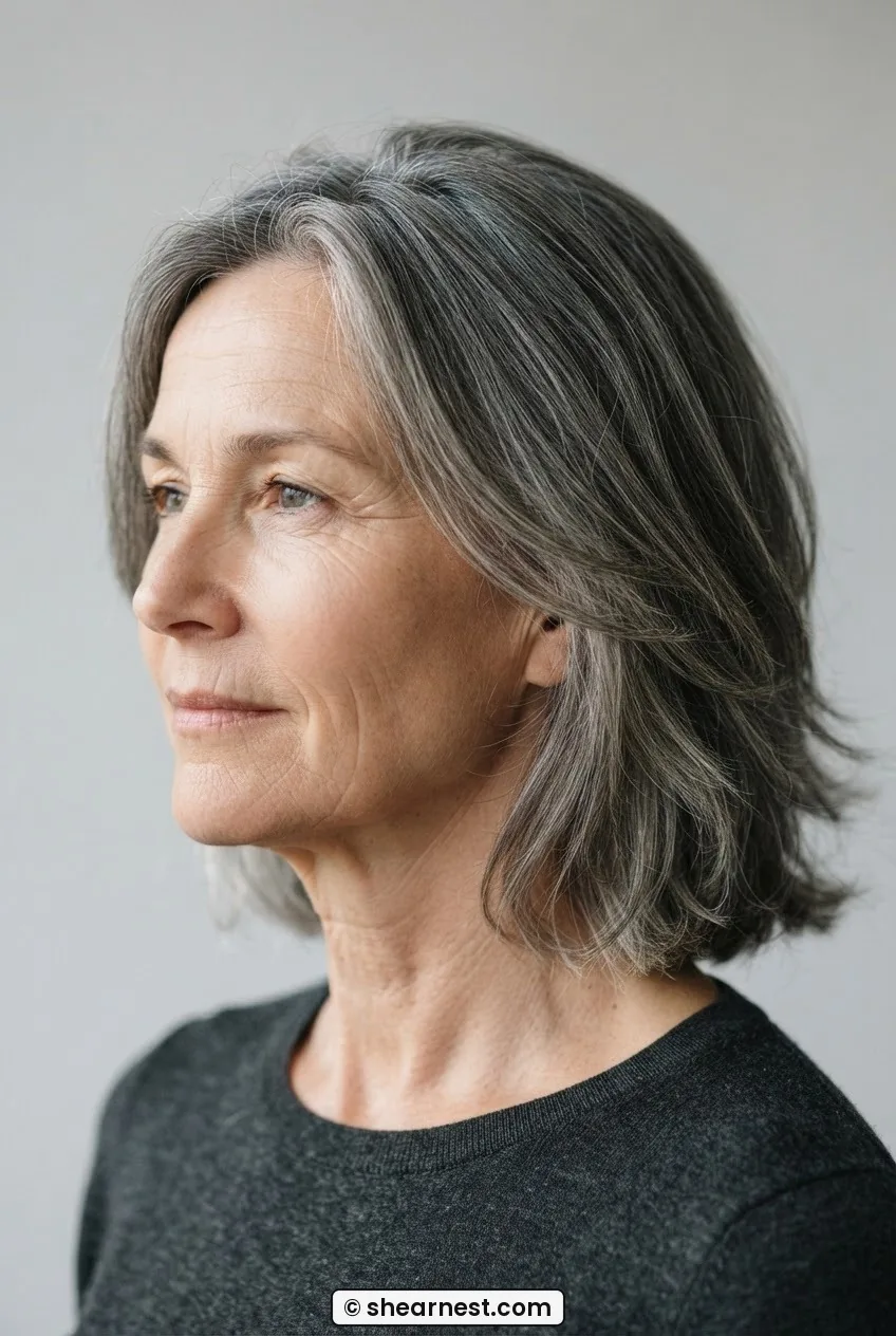 Three quarter side view of a woman over fifty with greying oval face mid-length haircut and soft layering
