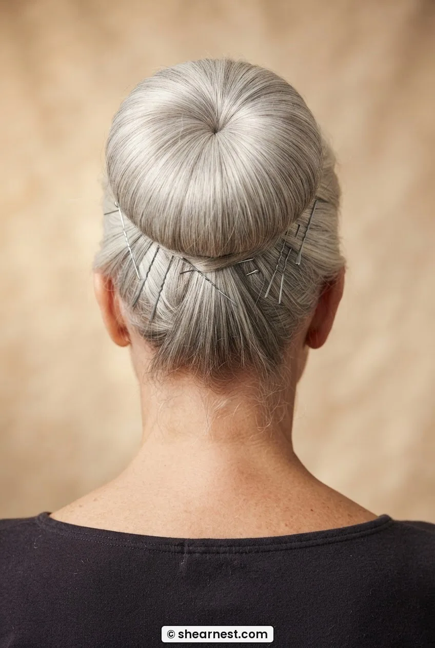 Rear view of silver-haired woman with padded volume bun at crown showing full rounded shape under warm editorial light