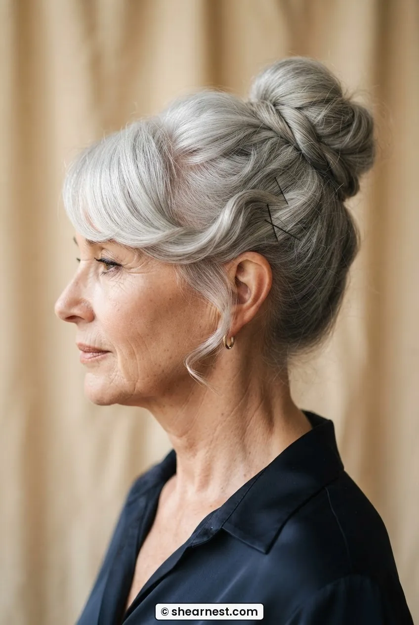 Front-angled rear view of silver-haired woman with high bun and front fringe swept forward and pinned at the temple