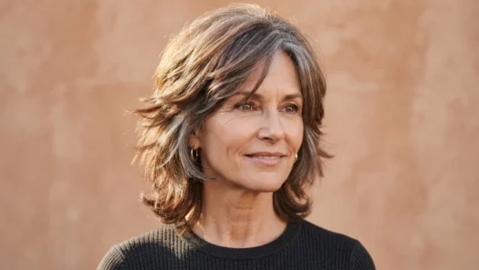 Woman aged 55 with a modern pixie shag in greying auburn hair shown in three quarter view against clay backdrop with side lighting