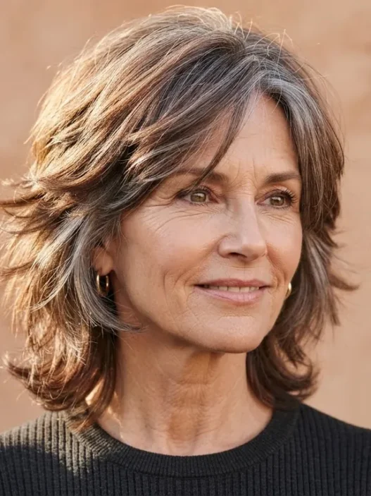 Woman aged 55 with a modern pixie shag in greying auburn hair shown in three quarter view against clay backdrop with side lighting