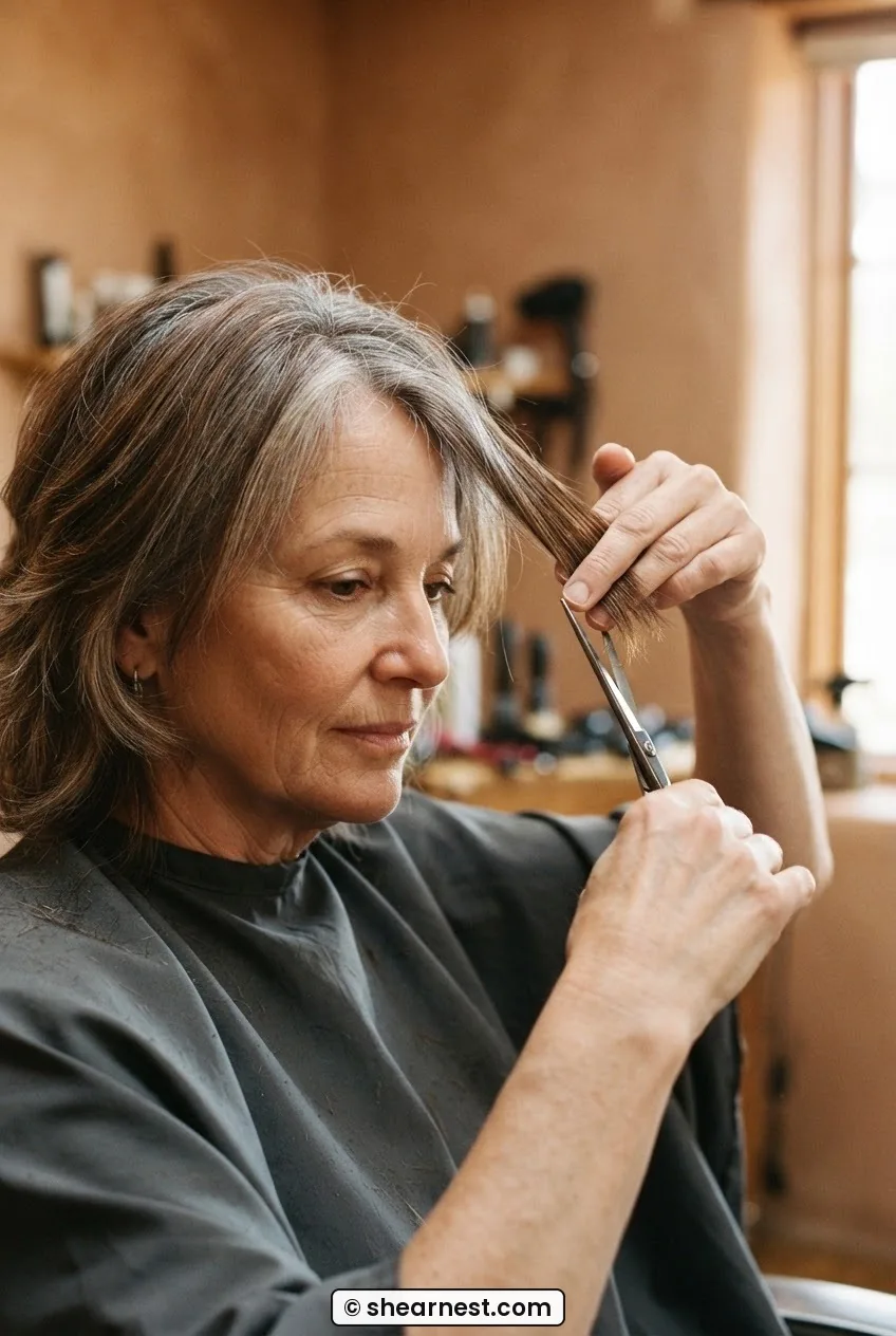 Hand elevating a one-inch hair subsection at 45 degrees for interior layer point-cutting on medium greying auburn hair