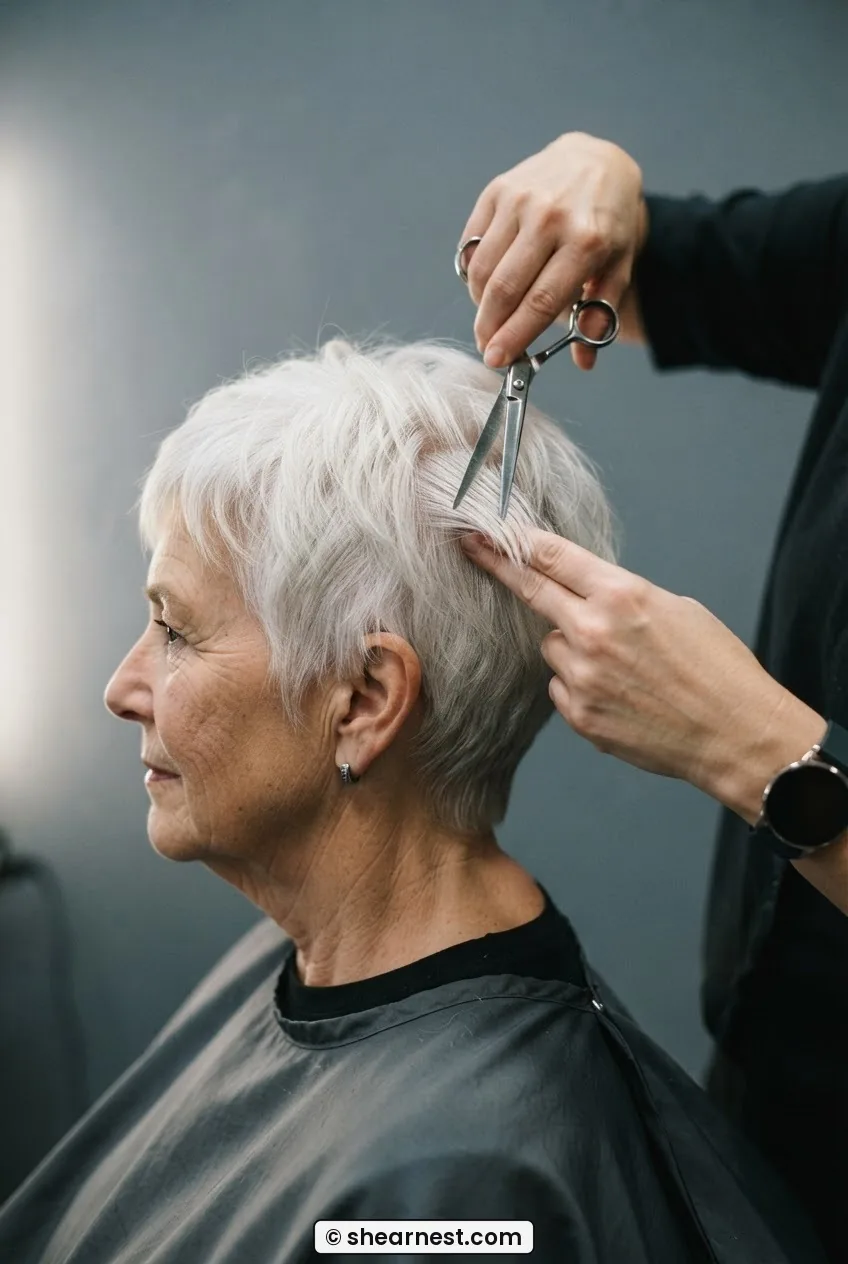 Point-cutting technique on side transition zone of white pixie with scissors held vertically to remove bulk