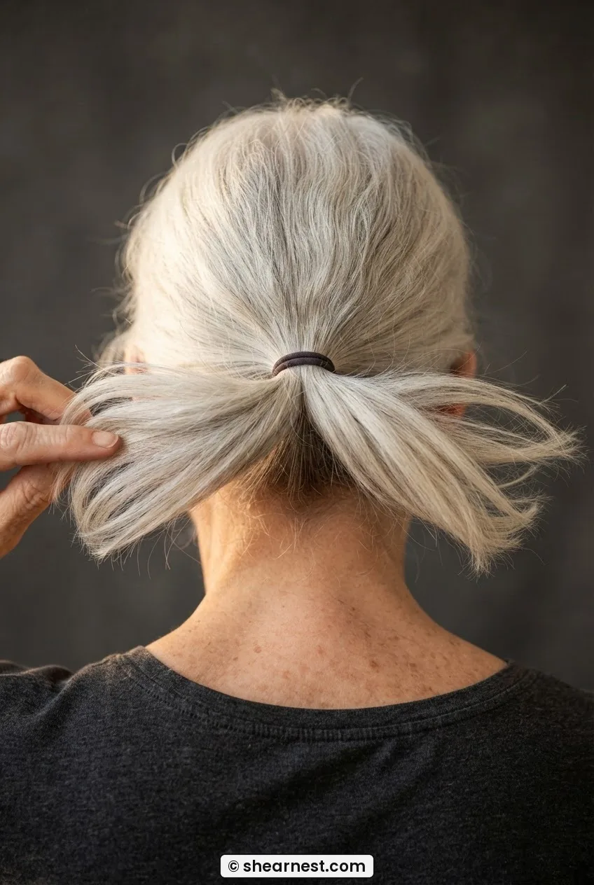 Close rear view of white ponytail tail fanned into two sections horizontally, fingers separating halves before rolling
