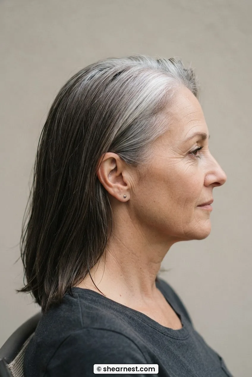 Post-toning side profile showing silver crown blending softly into cooled ash-brown lengths with a visibly softened demarcation line
