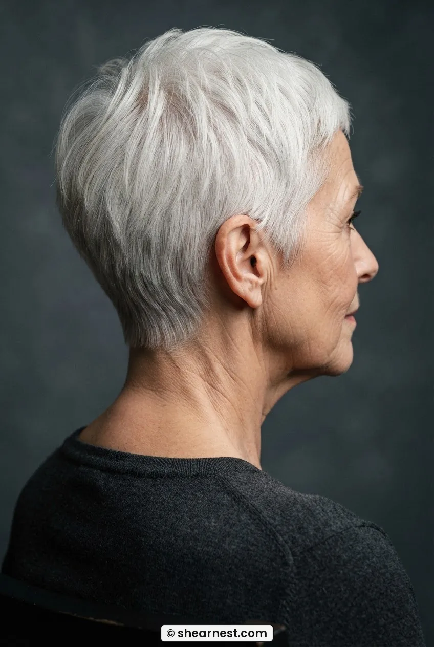 Rear profile of a woman in her sixties with a precision white pixie showing a clean scissor-cut taper curving around the ear